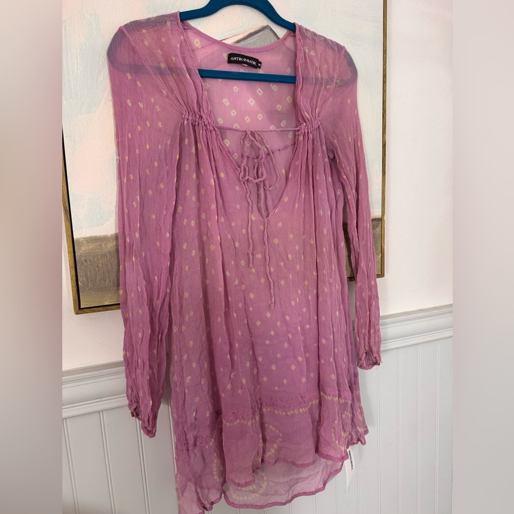 ANTIK BATIK 100% Silk Mulberry Pink Sheer Mini Dress Size M - Picture 3 of 9
